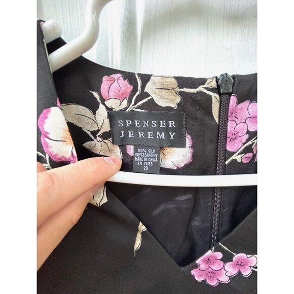 Vintage Spenser Jeremy 100% Silk Midi Pink Black Floral Dress Long Sleeve Sz 20 - Picture 7 of 16